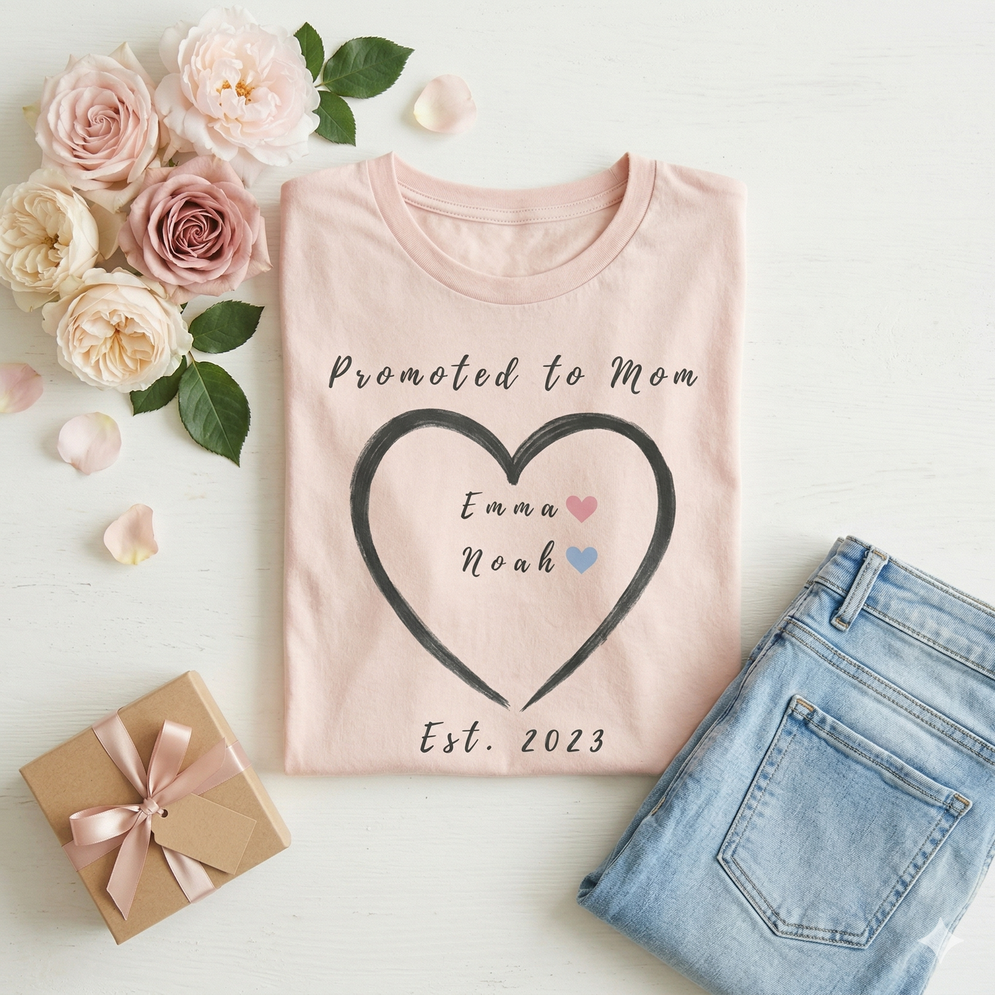 Promoted to Mom Custom Names Tee and Year