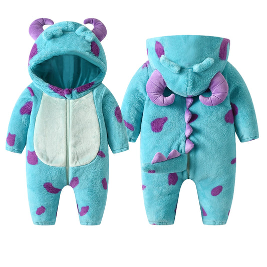 Infant Fleece Jumpsuit Cartoon Animal Horn Hooded Warm Thicken Winter Rompers Outwear Snowsuit for Baby Girls and Boys