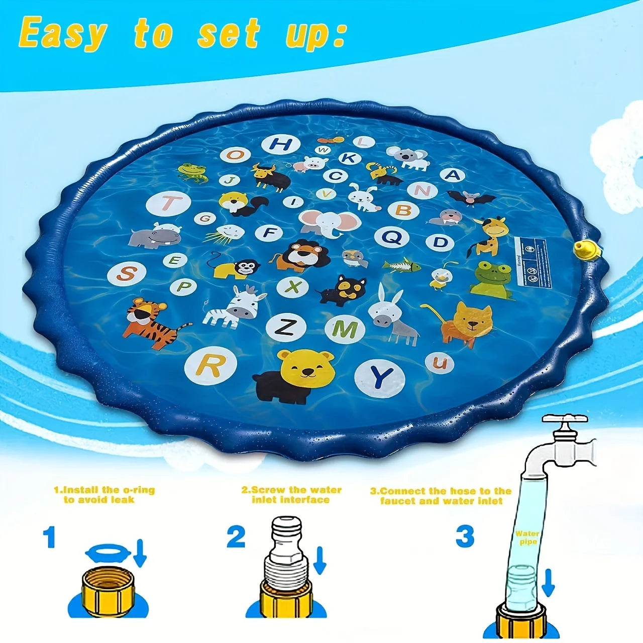 66.93 Inch Giant Luxury Splash Pad 3-in-1 Kids Sprinkler Pool Cartoon A-Z Alphabet Pattern Outdoor Yard Lawn Water Play Toy