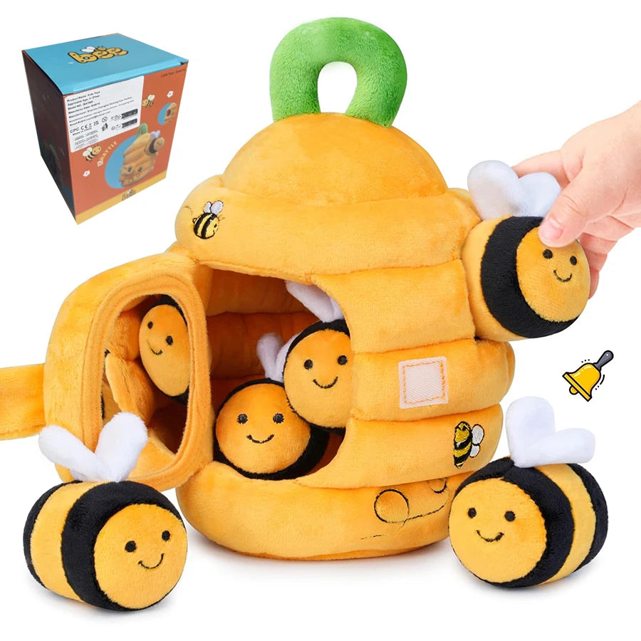 Baby Toys 6-12 Months Soft Baby Beehive with 5 Sensory Bee Rattle Mirror Crinkle Squeaker Busy Montessori Soft Toy for Toddlers